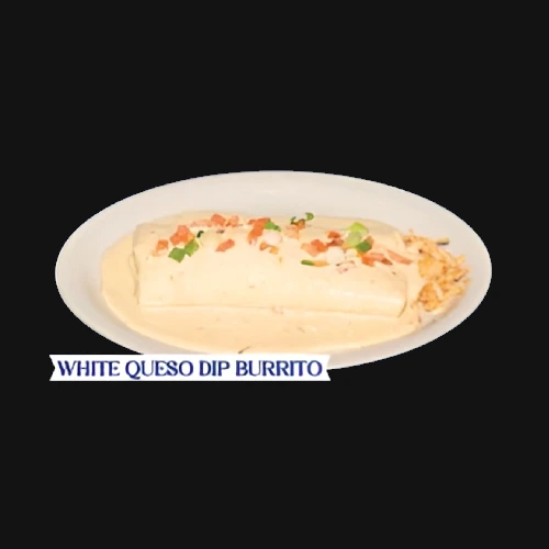 A flavorful burrito filled with savory white queso dip, tender meats, and fresh ingredients, wrapped in a soft tortilla